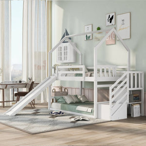 English Elm Twin Over House Bunk Bed with Slide Storage Staircase for Kids Playroom GX000707AAK-2