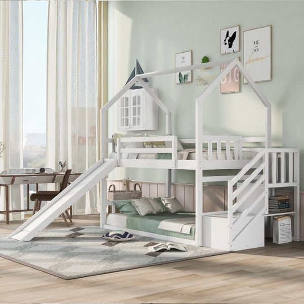 English Elm Twin Over House Bunk Bed with Slide Storage Staircase for Kids Playroom GX000707AAK-2