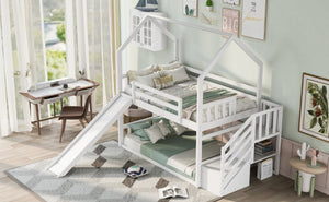 English Elm Twin Over House Bunk Bed with Slide Storage Staircase for Kids Playroom GX000707AAK-2