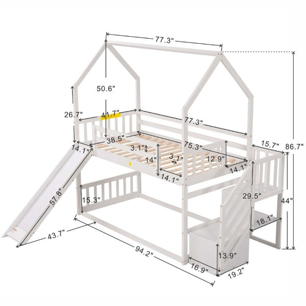 English Elm Twin Over House Bunk Bed with Slide Storage Staircase for Kids Playroom GX000707AAK-2