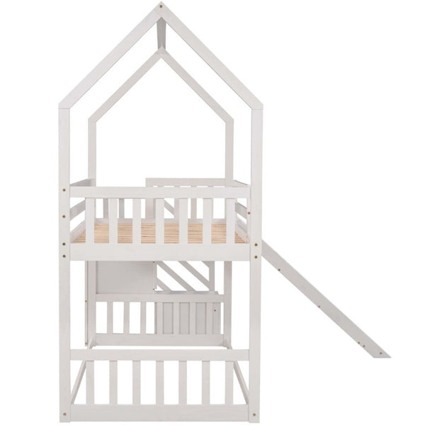 English Elm Twin Over House Bunk Bed with Slide Storage Staircase for Kids Playroom GX000707AAK-2