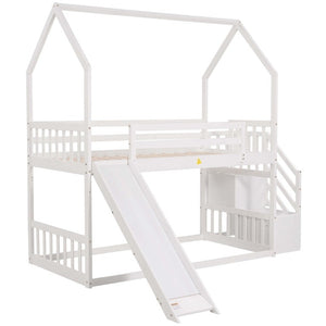 English Elm Twin Over House Bunk Bed with Slide Storage Staircase for Kids Playroom GX000707AAK-2