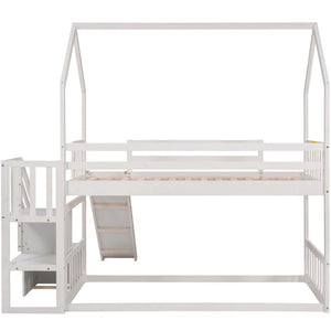 English Elm Twin Over House Bunk Bed with Slide Storage Staircase for Kids Playroom GX000707AAK-2