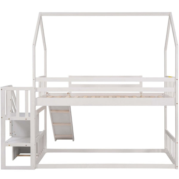 English Elm Twin Over House Bunk Bed with Slide Storage Staircase for Kids Playroom GX000707AAK-2