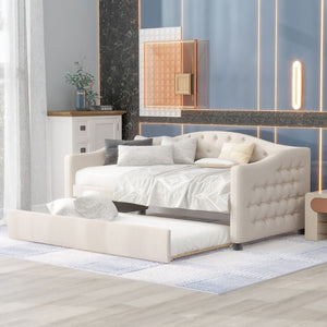 English Elm Upholstered Twin Daybed with Trundle Linen Wingback Mid-Century Sofa Style Frame GX001004AAA