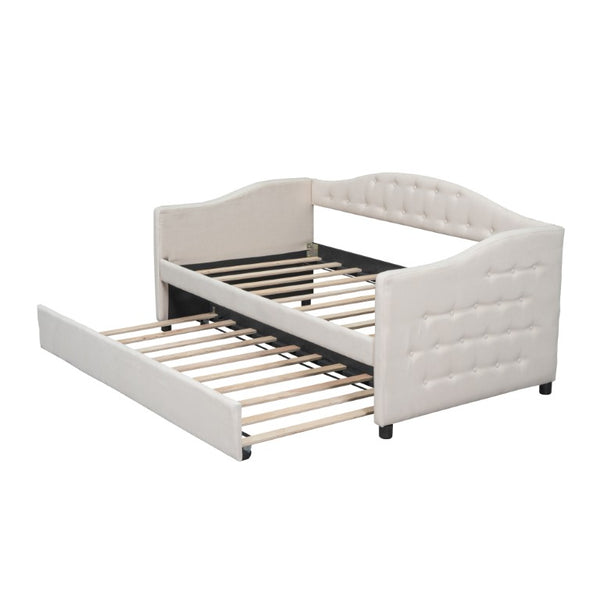 English Elm Upholstered Twin Daybed with Trundle Linen Wingback Mid-Century Sofa Style Frame GX001004AAA