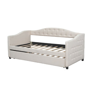 English Elm Upholstered Twin Daybed with Trundle Linen Wingback Mid-Century Sofa Style Frame GX001004AAA