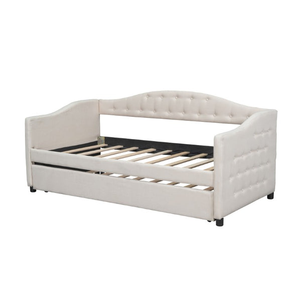 English Elm Upholstered Twin Daybed with Trundle Linen Wingback Mid-Century Sofa Style Frame GX001004AAA