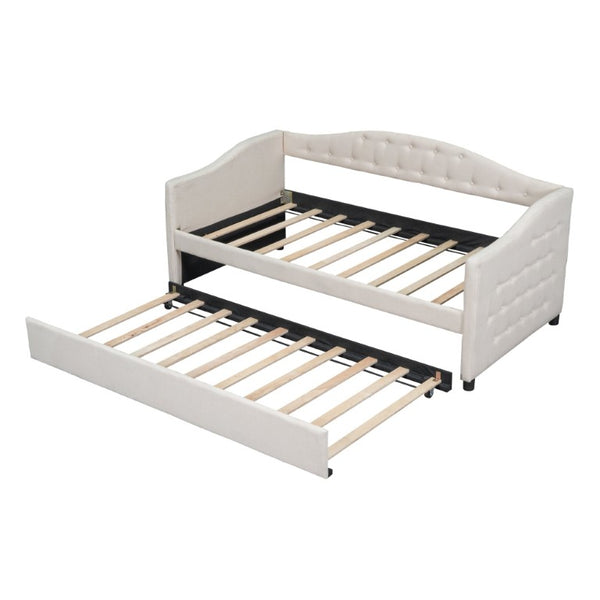 English Elm Upholstered Twin Daybed with Trundle Linen Wingback Mid-Century Sofa Style Frame GX001004AAA