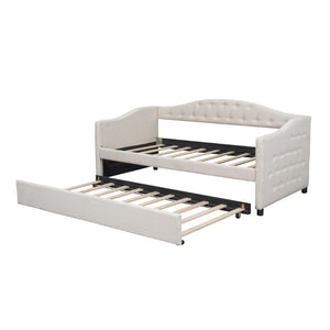 English Elm Upholstered Twin Daybed with Trundle Linen Wingback Mid-Century Sofa Style Frame GX001004AAA