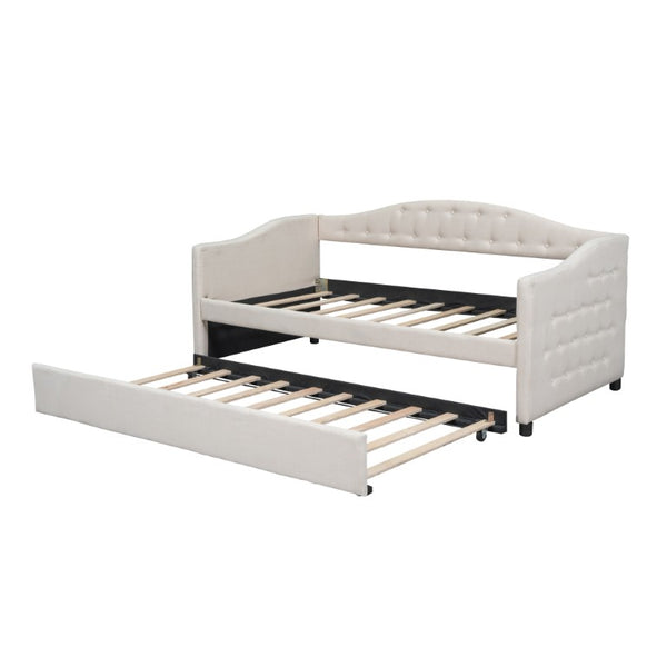 English Elm Upholstered Twin Daybed with Trundle Linen Wingback Mid-Century Sofa Style Frame GX001004AAA