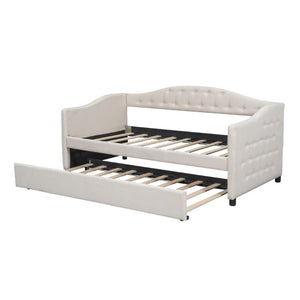 English Elm Upholstered Twin Daybed with Trundle Linen Wingback Mid-Century Sofa Style Frame GX001004AAA