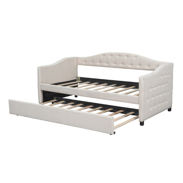 English Elm Upholstered Twin Daybed with Trundle Linen Wingback Mid-Century Sofa Style Frame GX001004AAA