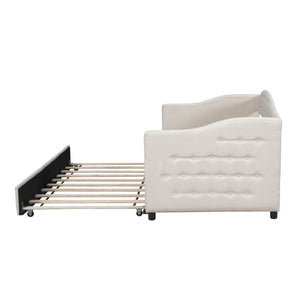 English Elm Upholstered Twin Daybed with Trundle Linen Wingback Mid-Century Sofa Style Frame GX001004AAA