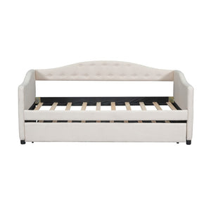 English Elm Upholstered Twin Daybed with Trundle Linen Wingback Mid-Century Sofa Style Frame GX001004AAA