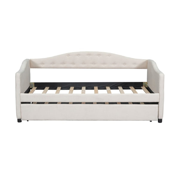 English Elm Upholstered Twin Daybed with Trundle Linen Wingback Mid-Century Sofa Style Frame GX001004AAA