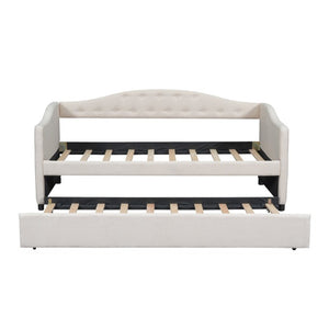 English Elm Upholstered Twin Daybed with Trundle Linen Wingback Mid-Century Sofa Style Frame GX001004AAA