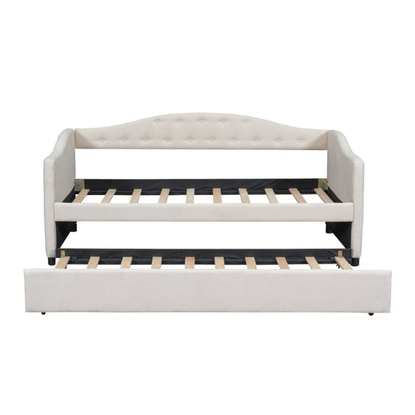 English Elm Upholstered Twin Daybed with Trundle Linen Wingback Mid-Century Sofa Style Frame GX001004AAA