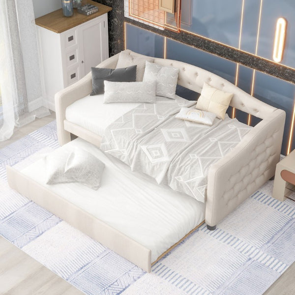 English Elm Upholstered Twin Daybed with Trundle Linen Wingback Mid-Century Sofa Style Frame GX001004AAA