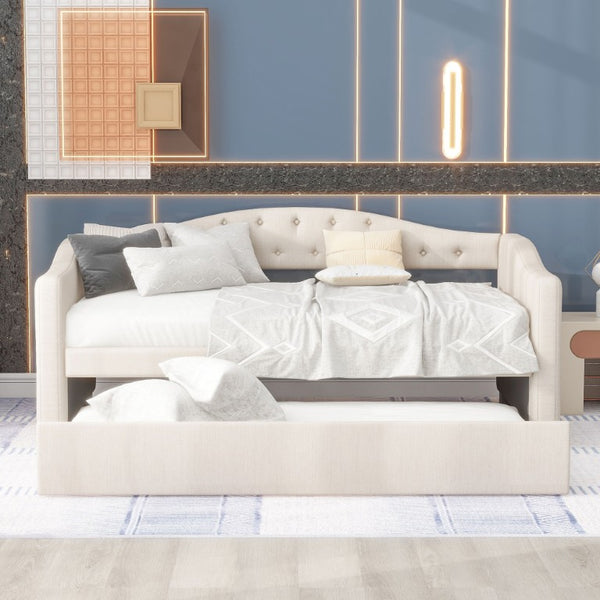English Elm Upholstered Twin Daybed with Trundle Linen Wingback Mid-Century Sofa Style Frame GX001004AAA