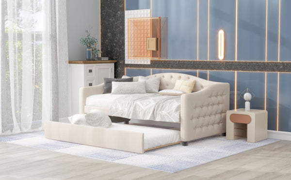 English Elm Upholstered Twin Daybed with Trundle Linen Wingback Mid-Century Sofa Style Frame GX001004AAA