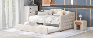 English Elm Upholstered Twin Daybed with Trundle Linen Wingback Mid-Century Sofa Style Frame GX001004AAA