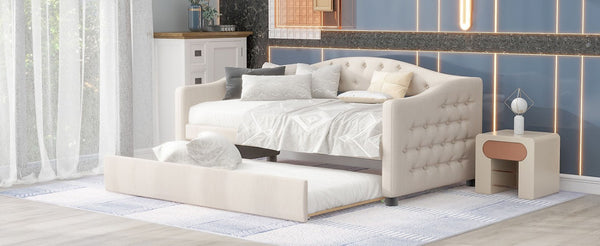 English Elm Upholstered Twin Daybed with Trundle Linen Wingback Mid-Century Sofa Style Frame GX001004AAA