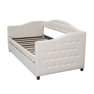 English Elm Upholstered Twin Daybed with Trundle Linen Wingback Mid-Century Sofa Style Frame GX001004AAA