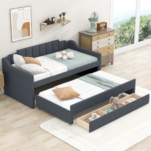 English Elm Twin Linen Blend Upholstered Daybed with Pull Out Trundle and Three Storage Drawers GX001513AAE