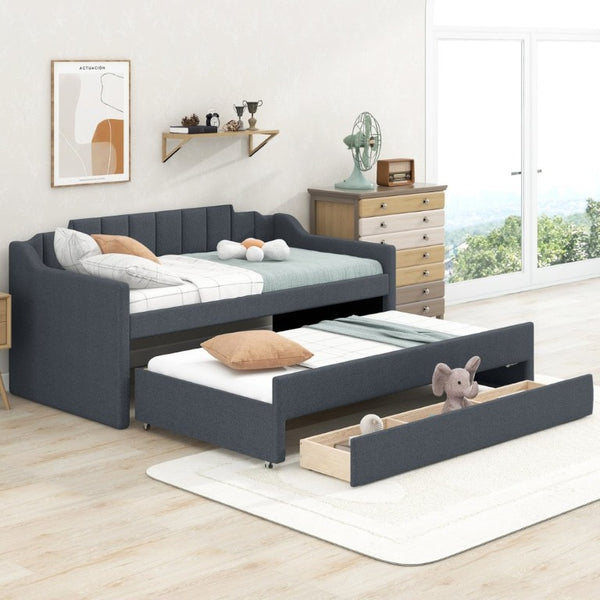 English Elm Twin Linen Blend Upholstered Daybed with Pull Out Trundle and Three Storage Drawers GX001513AAE