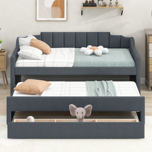 English Elm Twin Linen Blend Upholstered Daybed with Pull Out Trundle and Three Storage Drawers GX001513AAE