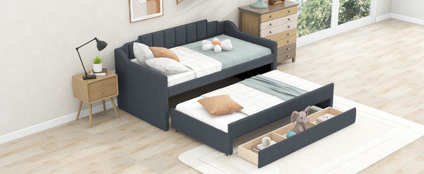 English Elm Twin Linen Blend Upholstered Daybed with Pull Out Trundle and Three Storage Drawers GX001513AAE