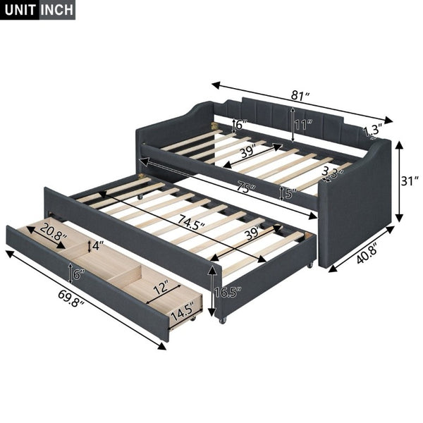English Elm Twin Linen Blend Upholstered Daybed with Pull Out Trundle and Three Storage Drawers GX001513AAE