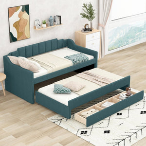English Elm Twin Linen Upholstered Daybed with Pull Out Trundle and Three Storage Drawers GX001513AAF