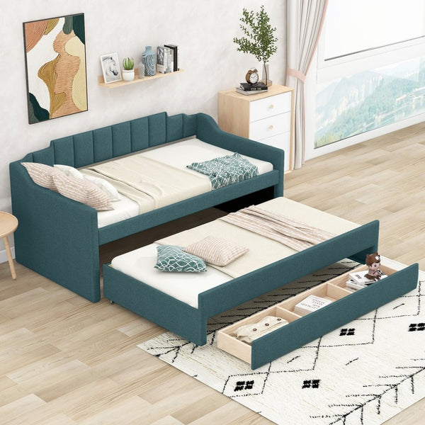 English Elm Twin Linen Upholstered Daybed with Pull Out Trundle and Three Storage Drawers GX001513AAF