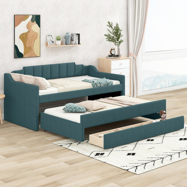 English Elm Twin Linen Upholstered Daybed with Pull Out Trundle and Three Storage Drawers GX001513AAF