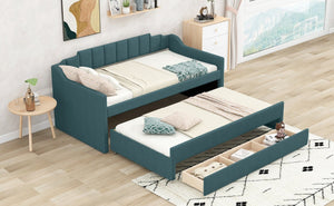 English Elm Twin Linen Upholstered Daybed with Pull Out Trundle and Three Storage Drawers GX001513AAF