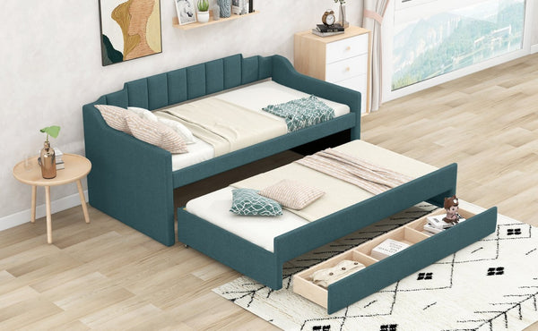 English Elm Twin Linen Upholstered Daybed with Pull Out Trundle and Three Storage Drawers GX001513AAF