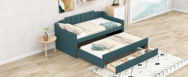 English Elm Twin Linen Upholstered Daybed with Pull Out Trundle and Three Storage Drawers GX001513AAF