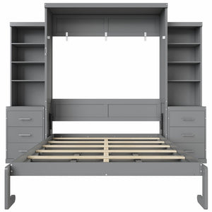 English Elm Queen Upholstered Canopy Platform Bed with LED Lights Trundle and Storage Drawers Gray GX002007AAE-1