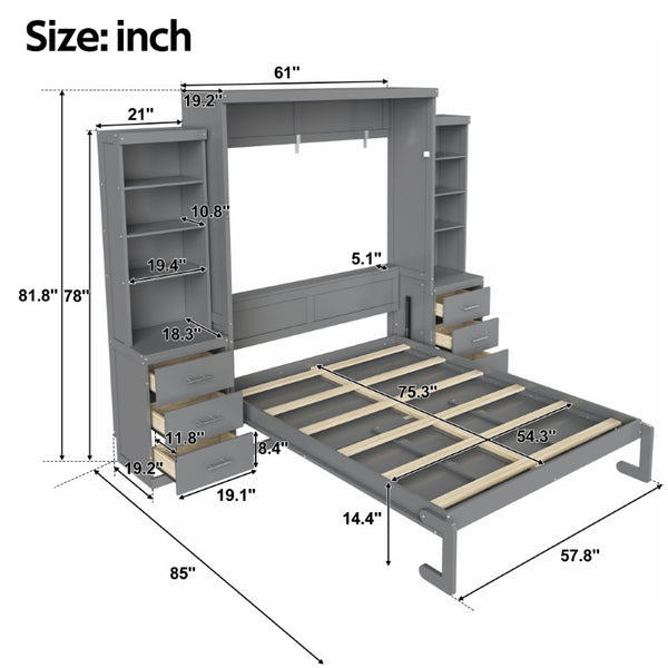 English Elm Queen Upholstered Canopy Platform Bed with LED Lights Trundle and Storage Drawers Gray GX002007AAE-1