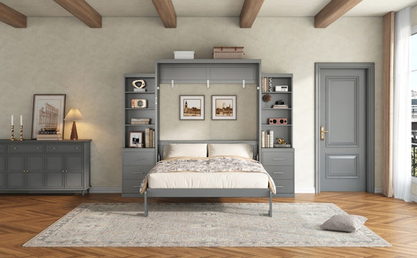 English Elm Queen Upholstered Canopy Platform Bed with LED Lights Trundle and Storage Drawers Gray GX002007AAE-1