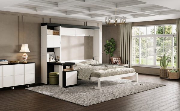 English Elm Queen Murphy Wall Bed with Integrated Desk Open Shelving and Lockable Cabinet Storage Queen GX002142AAK