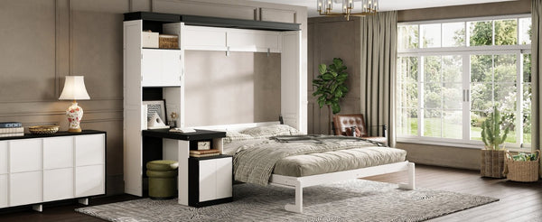 English Elm Queen Murphy Wall Bed with Integrated Desk Open Shelving and Lockable Cabinet Storage Queen GX002142AAK