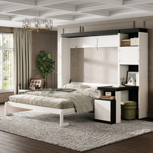 English Elm Queen Murphy Wall Bed with Integrated Desk Open Shelving and Lockable Cabinet Storage Queen GX002142AAK
