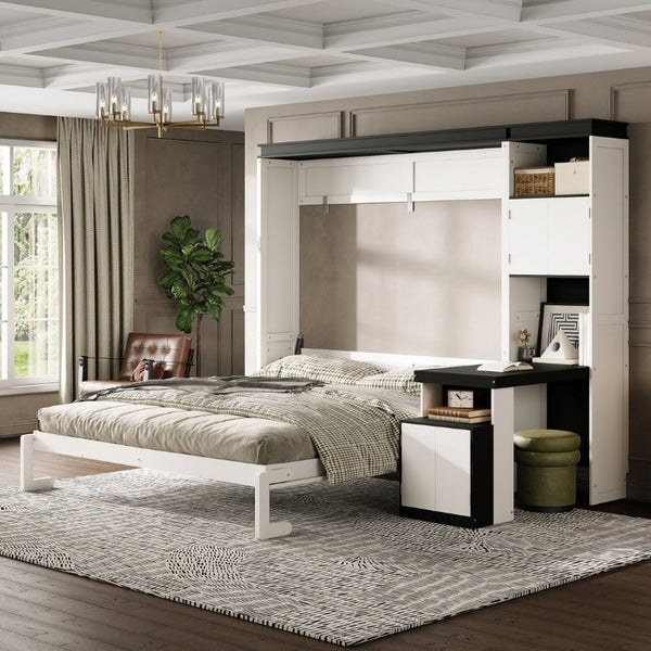 English Elm Queen Murphy Wall Bed with Integrated Desk Open Shelving and Lockable Cabinet Storage Queen GX002142AAK