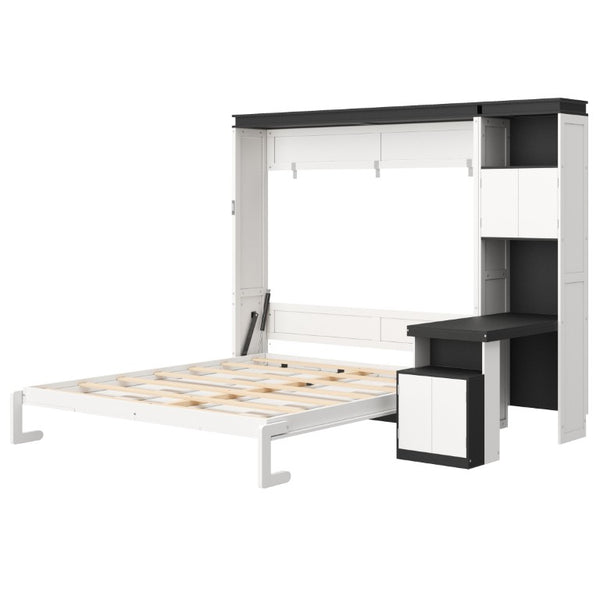 English Elm Queen Murphy Wall Bed with Integrated Desk Open Shelving and Lockable Cabinet Storage Queen GX002142AAK