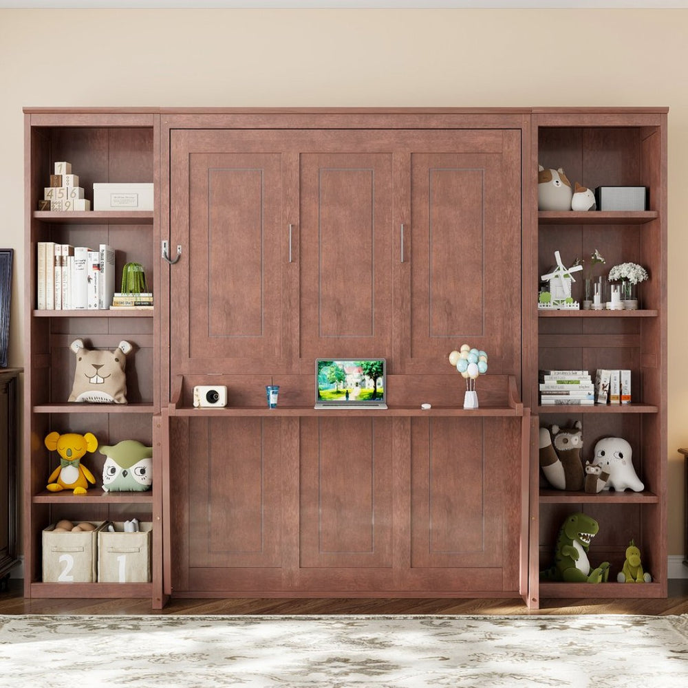 English Elm Queen Murphy Bed with Folding Desk and Side Shelving for Studio or Guest Room Dark Brown GX004002AAD-1