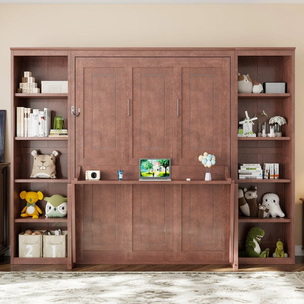 English Elm Queen Murphy Bed with Folding Desk and Side Shelving for Studio or Guest Room Dark Brown GX004002AAD-1