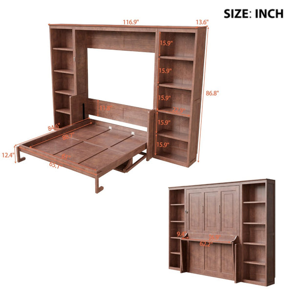 English Elm Queen Murphy Bed with Folding Desk and Side Shelving for Studio or Guest Room Dark Brown GX004002AAD-1